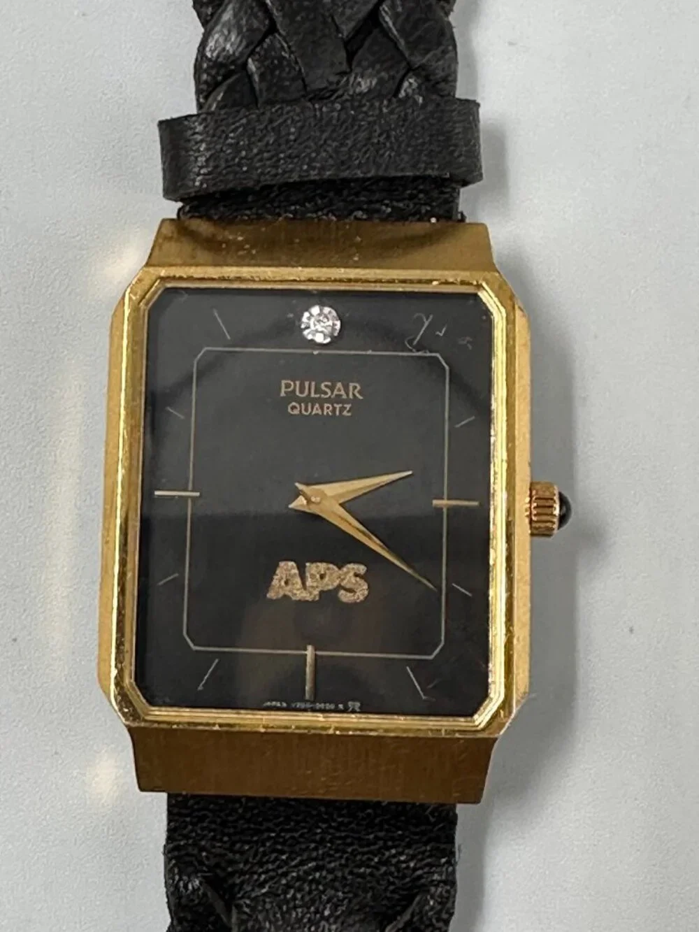 Vintage Pulsar Men Watch Gold Tone Black Dial APS Logo Leather Band New Battery